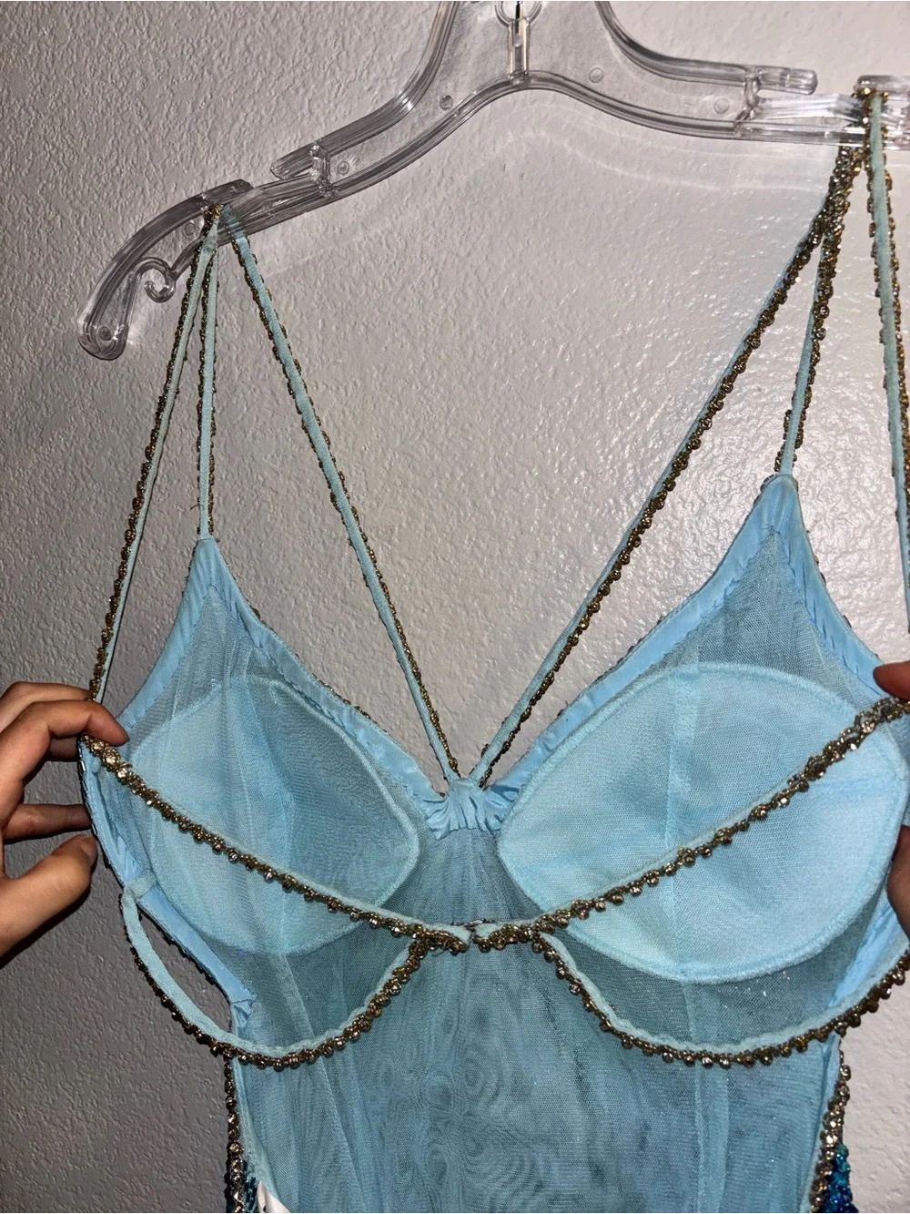 Sherri Hill Blue Iridescent Butterfly Bodice Evening Gown - Picture 6 of 9